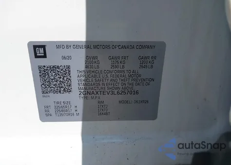 2020 Chevrolet Equinox Awd 2Fl from USA, damaged, VIN 2GNAXTEV3L6257016